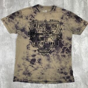 Affliction Shirt Mens Large Tan Molon Labe Freedom Defender Camo Guns Distressed